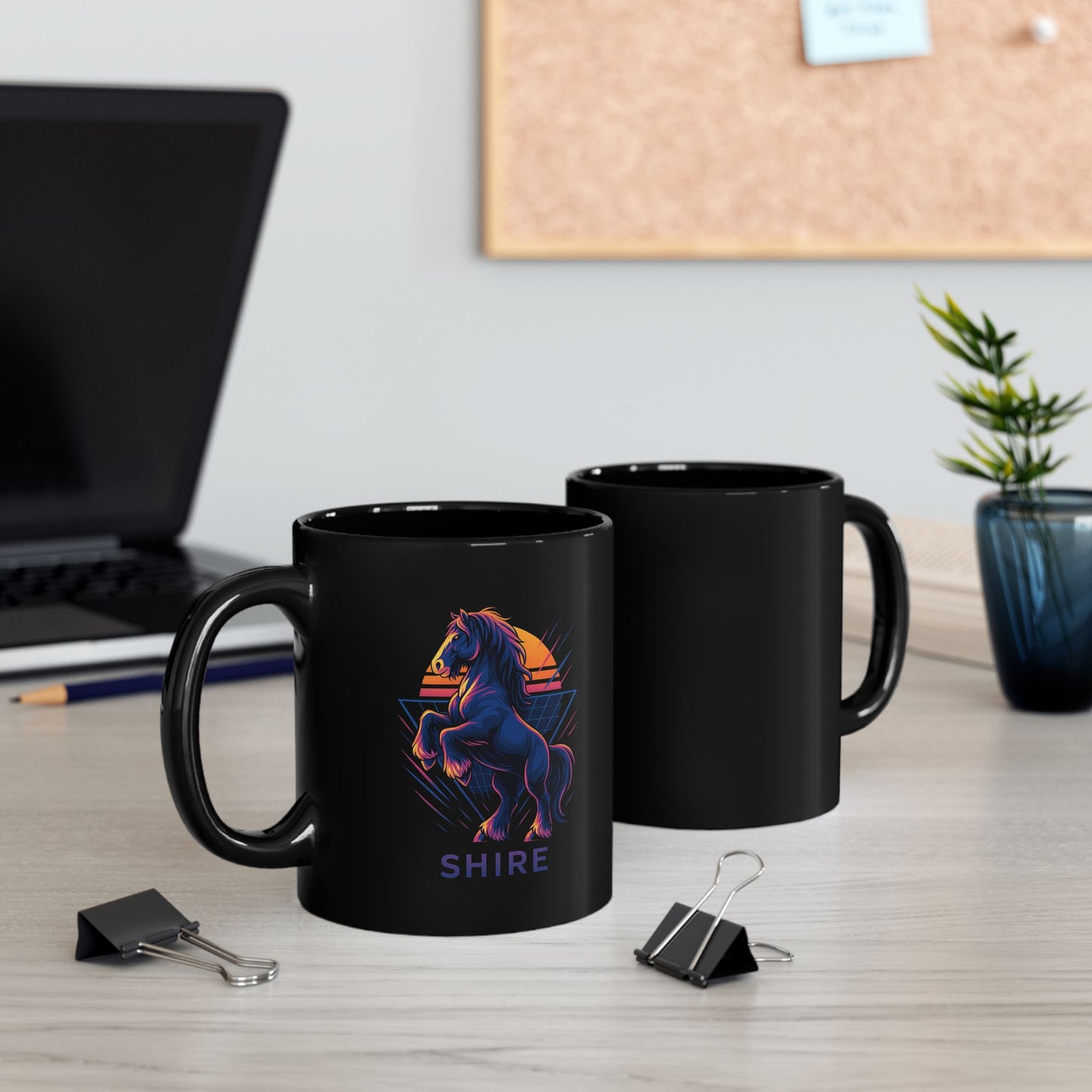 Retro Neon Shire Horse Mug – Matte Black Ceramic Coffee Cup