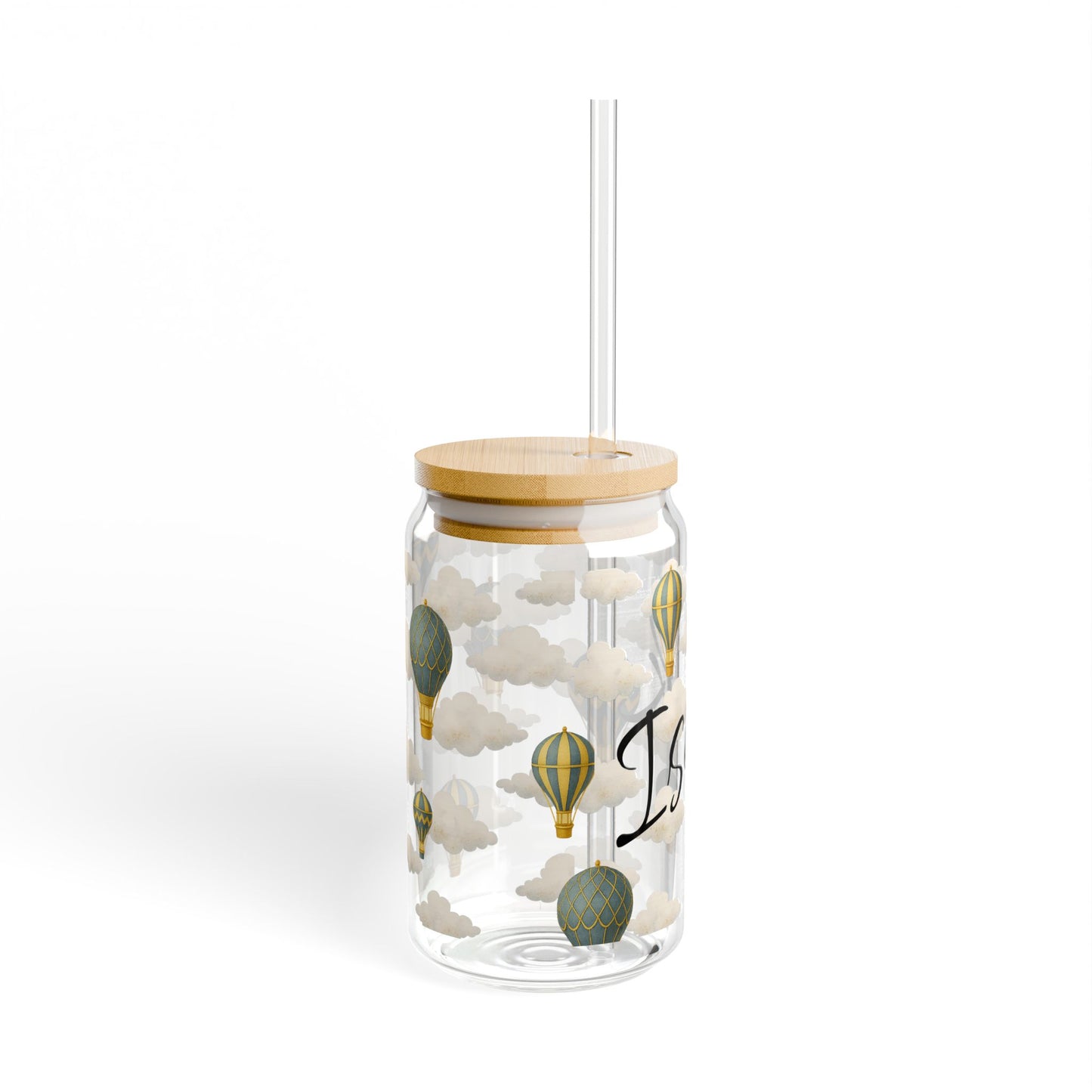 Personalized Blue Hot Air Balloon Sipper Glass – Custom Cloud Drink Tumbler 16oz