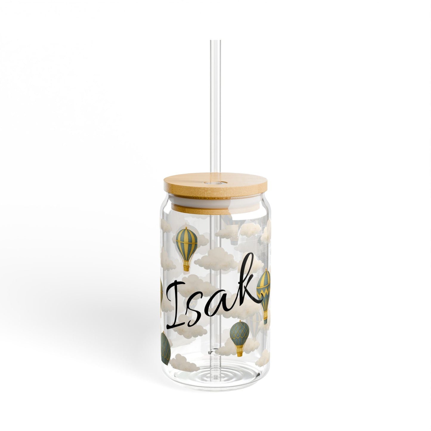 Personalized Blue Hot Air Balloon Sipper Glass – Custom Cloud Drink Tumbler 16oz