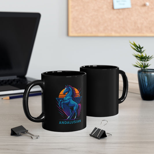 Retro Neon Andalusian Horse Mug ,Matte Black Ceramic Coffee Cup
