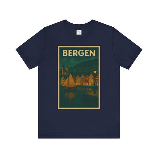 Bergen by Night T-Shirt – Unisex Norwegian Cityscape Tee | Scenic Night View of Bryggen | Norway Travel Souvenir Shirt
