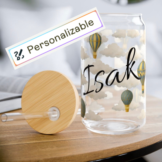 Personalized Blue Hot Air Balloon Sipper Glass – Custom Cloud Drink Tumbler 16oz